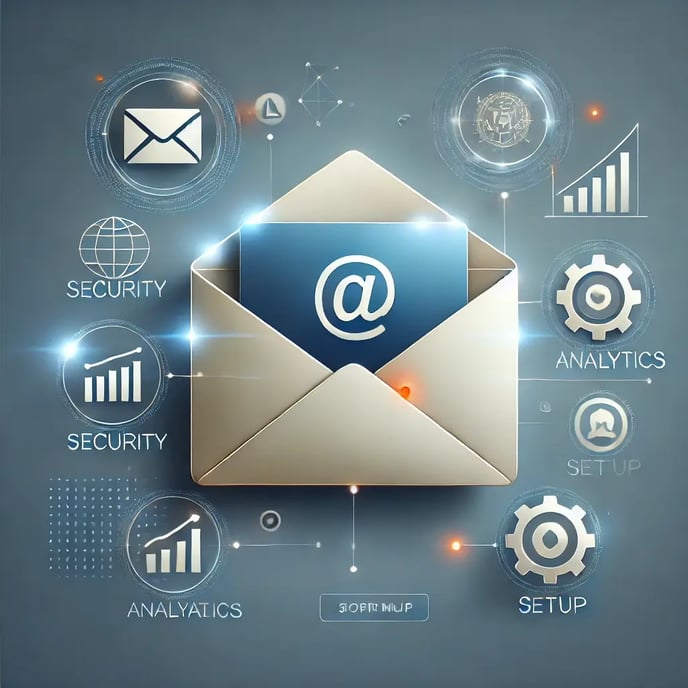 DALL·E 2025-01-07 21.17.51 - A professional illustration of an email envelope with glowing icons like a shield (representing security), a graph (for analytics), and a gear (for se